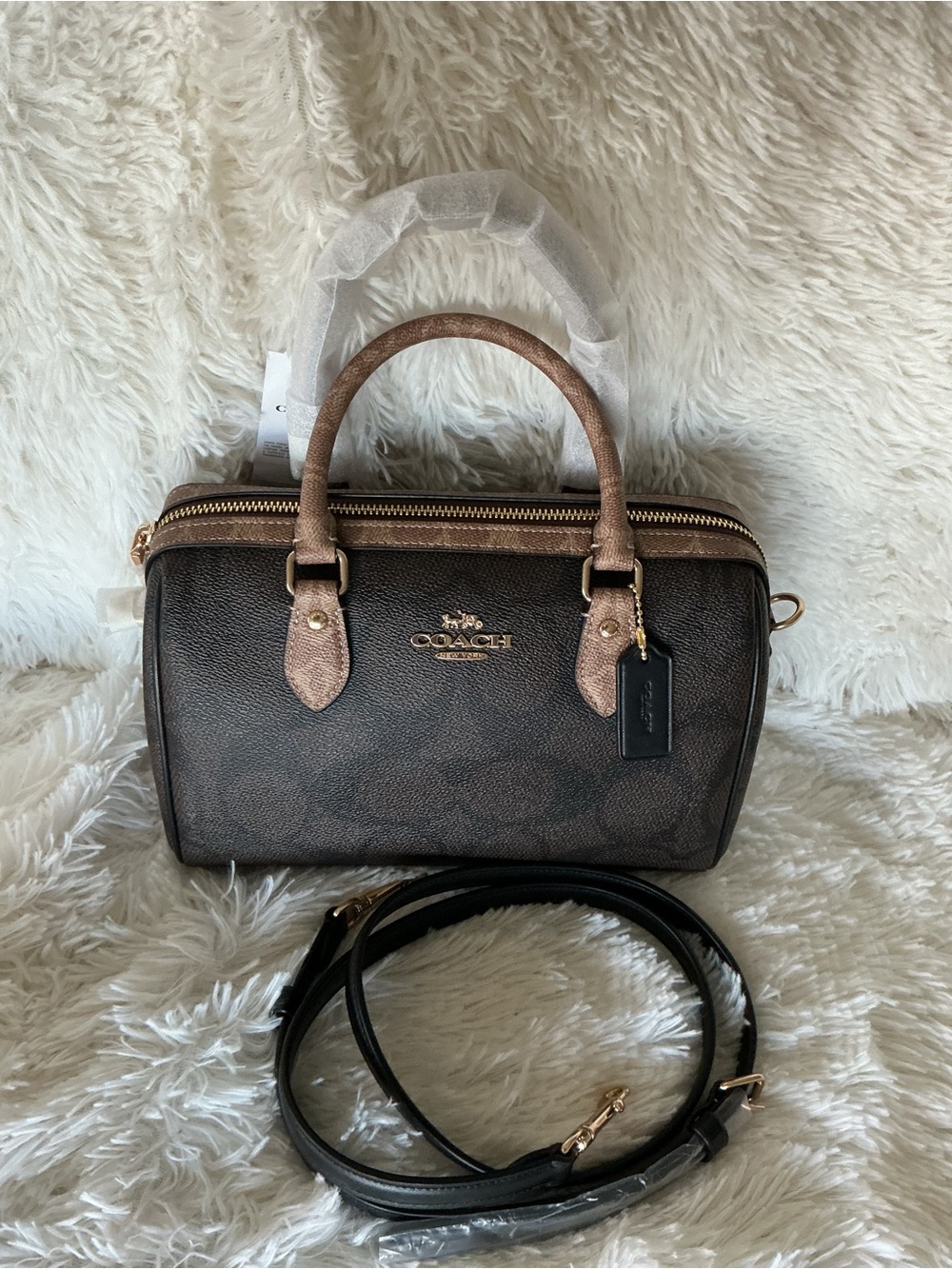 Coach Rowan Satchel in blocked signature canvas in walnut with Gold Accents - Picture 2 of 6